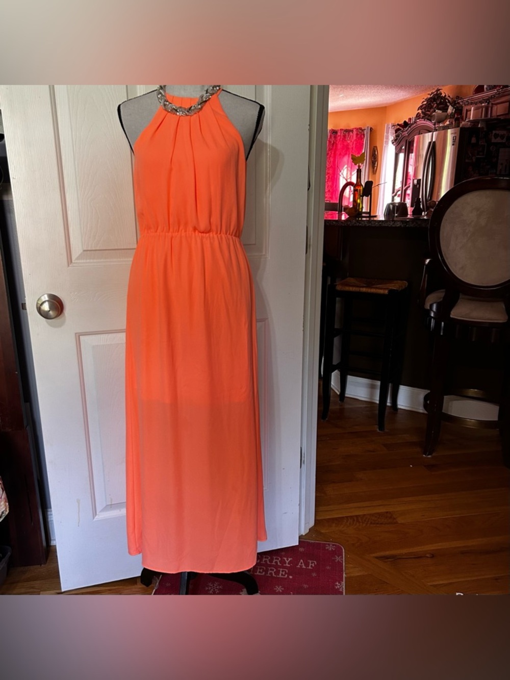 Gianni Bini Vibrant Neon Orange Halter Flowy Chiffon Keyhole Back Maxi Dress XS
